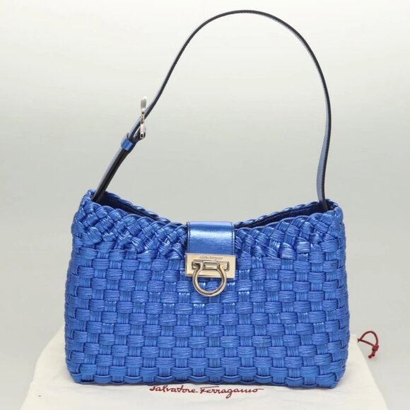Salvatore Ferragamo Gancini Shoulder Bag Leather Blue Silver Auth 128561V - Picture 2 of 15